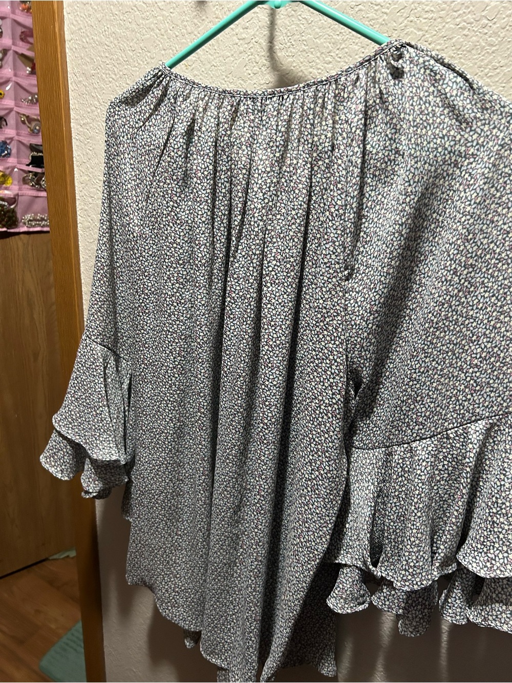 Chaps Micro Floral Ruffle Sleeve Blouse - Picture 7 of 9